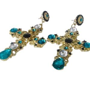Elegant Gold and Teal Cross Earrings